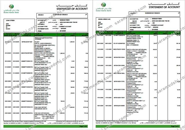 UAE Dubai Islamic Bank statement of account Word and PDF template, 2 pages